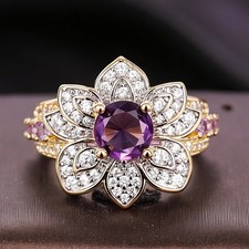 New 18K Gold Amethyst Lotus Flower Ring