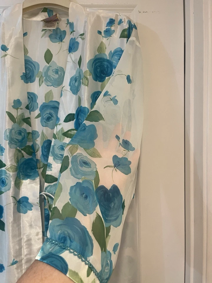 Винтажный California династии XL атласный халат белый синий розовый цветочный чистый карман - Изображение 4 из 4