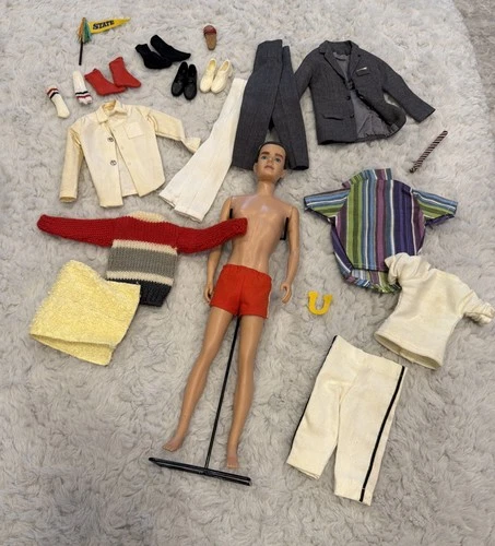 12” Vtg Mattel Barbie Ken Doll 1960's Brown Flocked Hair With Accessories