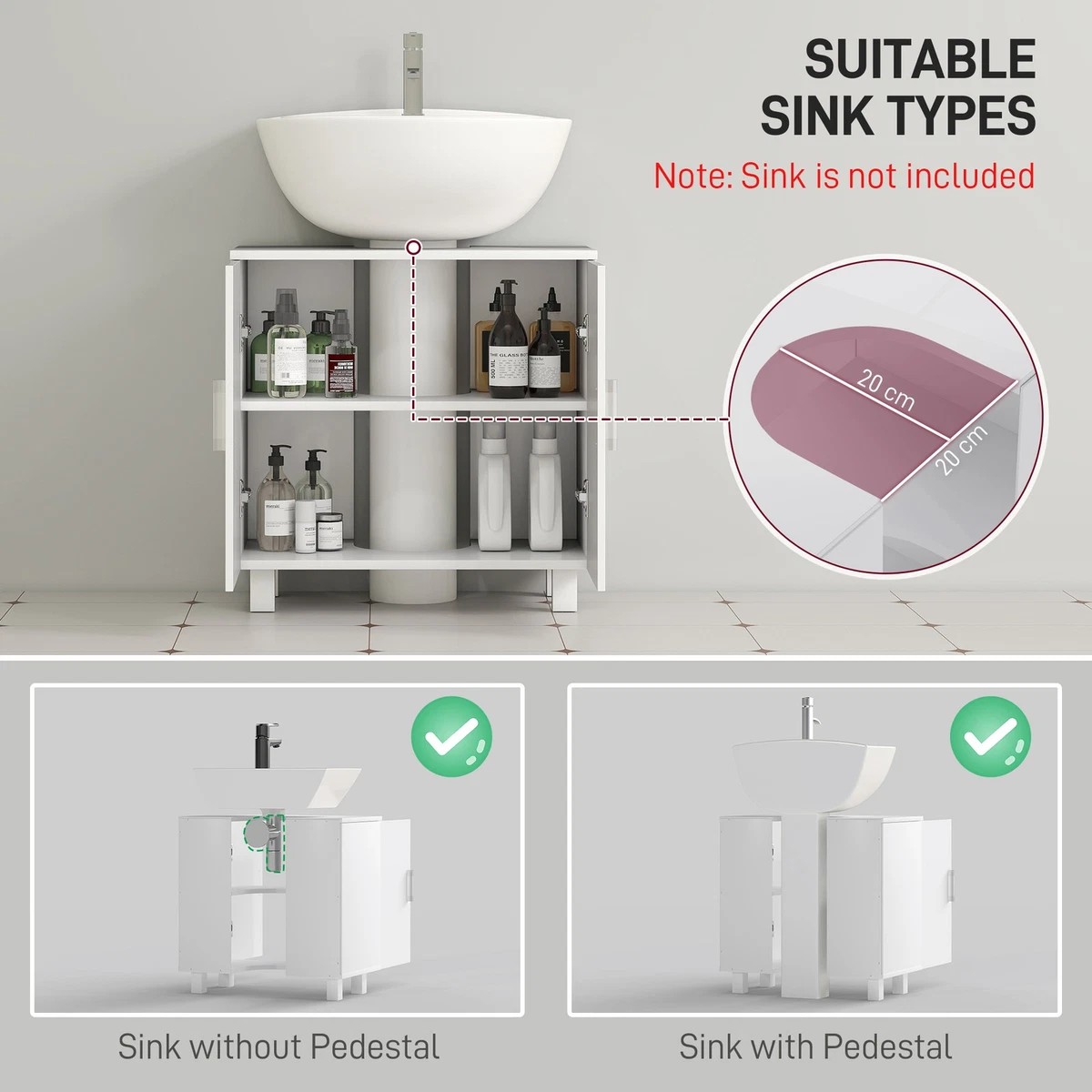 HOMCOM Mueble de baño independiente alto brillo debajo del lavabo, blanco
