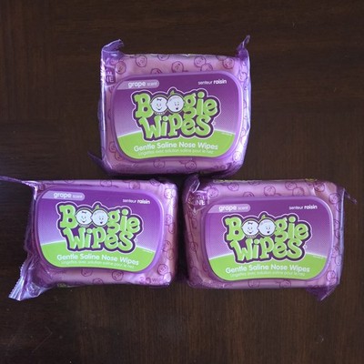3 PACK! Boogie Wipes GRAPE Scent, Natural Saline Nose Wipes, 30 Ct Each, Gentle