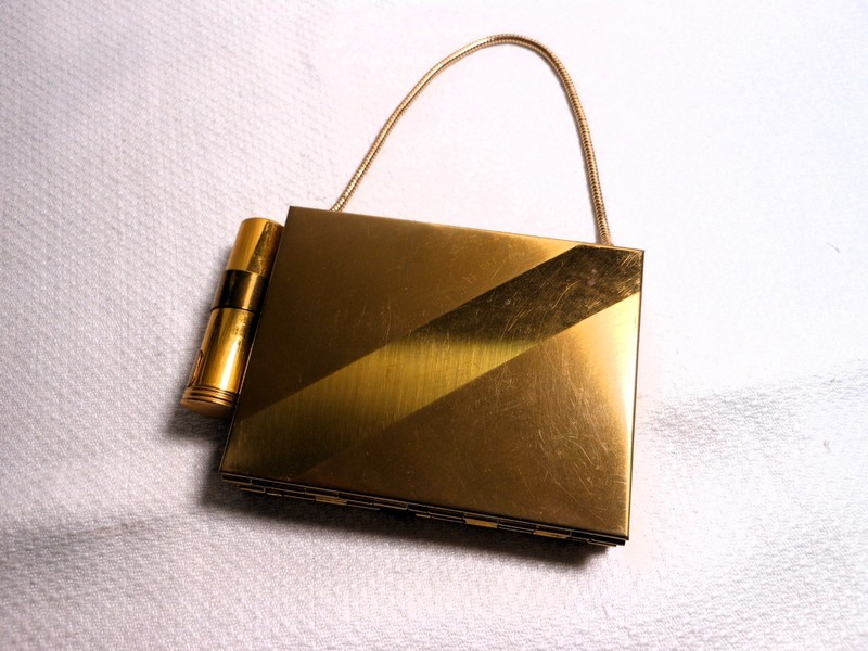 Vintage Dance Case Clutch Purse Wristlet w lipstick compact comb Gold Tone Metal