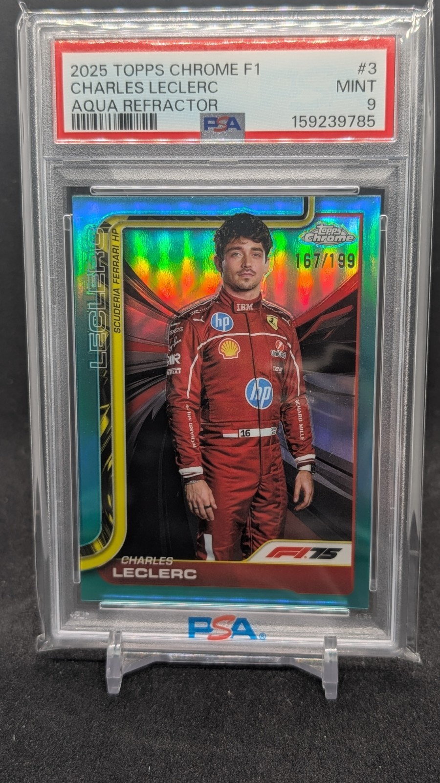 2025 Topps Chrome F1 Charles Leclerc Aqua Refractor #167/199 Ferrari PSA 9