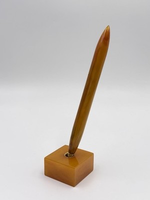 Vintage Butterscotch Amber Catalin Bakelite Desk Pen & Stand Marbled Base 54g