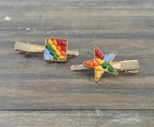Daughter Rainbow Hair Clips Gold Tone Metal Colorful Beaded Square Star