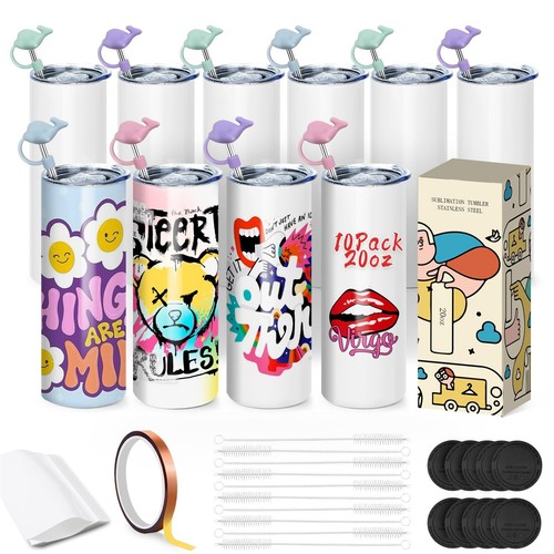 Lot De 10 Gobelets Sublimation Droits 591ml Avec Accessoires - Tasses Isolées Pour Transfert Chaleur