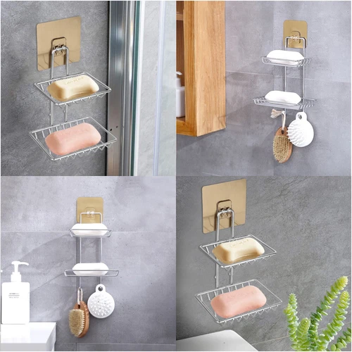 Bathroom Double Tier Soap Dish Holder Wall Mounted Stainless Steel With Hook - Picture 6 of 10