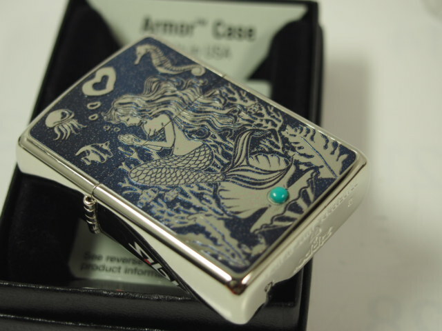 Zippo Armor Case Mermaid Girl Turquoise Blue Silver Nickel Etching