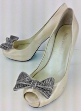 Bella Belle Womens Heels US 8 White Satin Leather Crystal Bow Wedding 2793