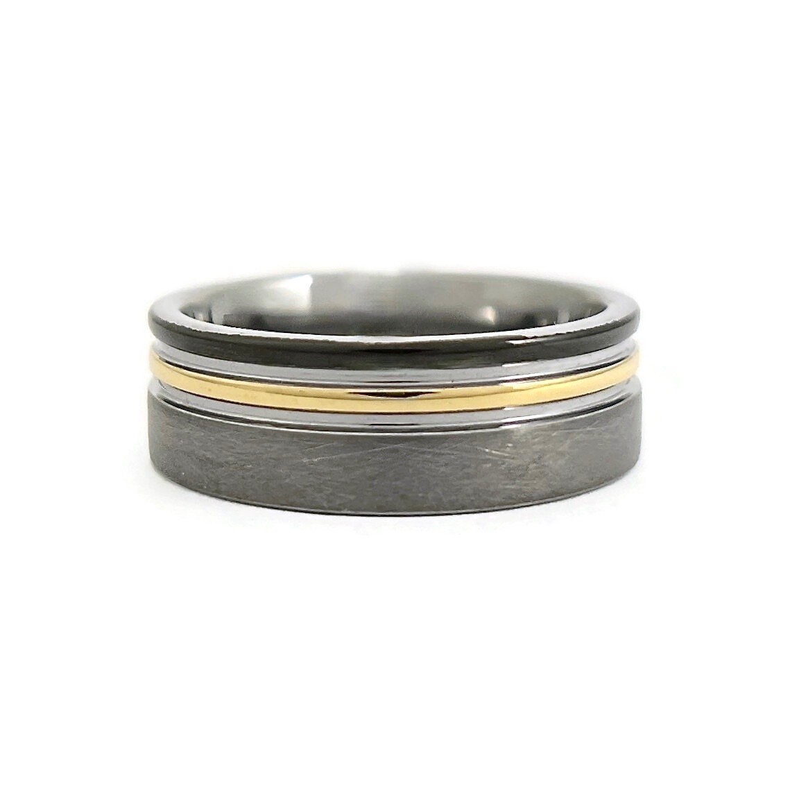Men's Grey Black Gold Grooved Striped Wedding Band Ring Tungsten