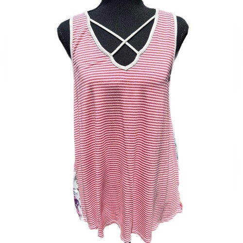 P.S. Kate Pink Striped Tank Top Small NWT Criss Cross Feather Print Boho