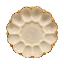 Vintage Anchor Hocking Deviled Egg Plate White Milk Glass Gold Trim 12 Eggs Tray