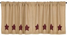 24" L Burlap Window Tier Set Natural Cotton with Burgundy Stars Cafe Curtains
