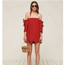 Reformation Linen red off the shoulder tie Mini Dress sz Medium