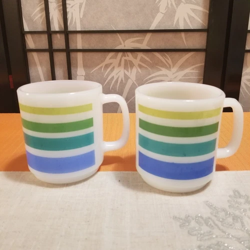Set of 2 Glasbake Milk Glass Coffee Mugs - MCM Stripes - Stackable