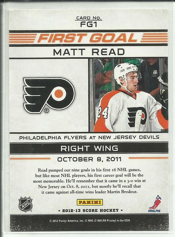 2012-13 Score First Goal #FG1 Matt Read Philadelphia Flyers - Image 2 of 2