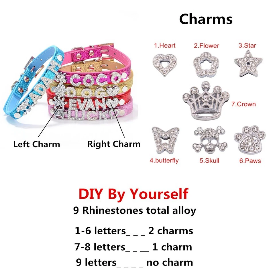 Collar Personalizado Perro Gato Hágalo Usted Mismo Nombre Letra Pequeña Mascota Cachorro Bling Collar de Cuero Foto 2 de 4