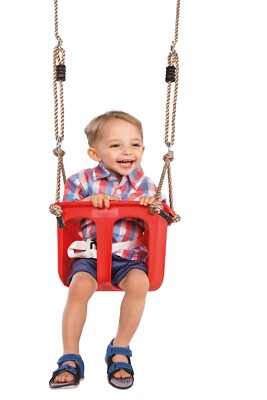 BABYSCHALENSCHAUKELSITZ ROT MIT SICHERHEITSGURT UND KIPP- UND RUTSCHHEMMENDEN KNOTEN