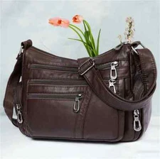 Women's Leather Organizer Purse Shoulder Bag Multiple Pockets Cross Body Handbag