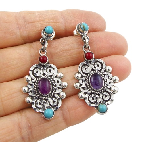 Baroque Earrings for Women 925 Sterling Silver Colourful Statement Taxco Drops - Picture 2 of 5