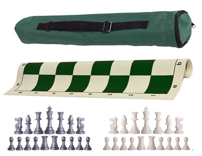 Green Archer Weighted Chess Set - Vinyl Board, Bag w/ Silver & White Pieces