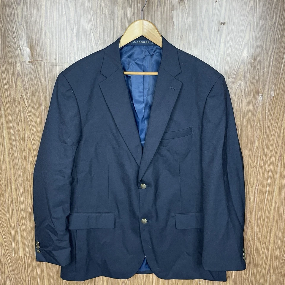 Dockers Blazer Jacket Mens 44L Navy Blue Solid Polyester Wool Dark Gold Buttons - Image 2 of 4