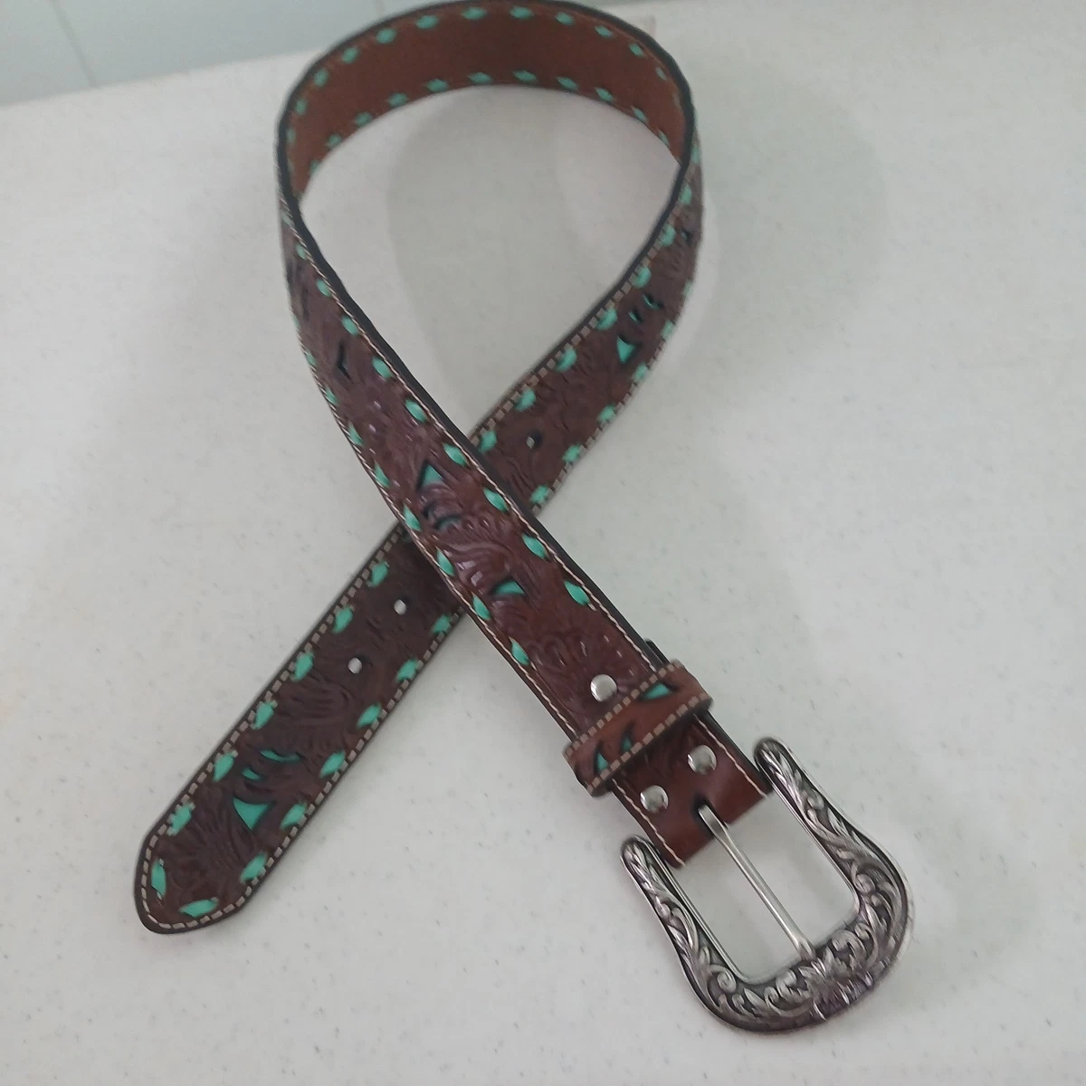 ANTONAZZI Firenze Italian Leather Belt M – Silver Floral Studded, Boho nwot Vintage Antoniazzi Firenze Italian Patent Leather Statement  main image 3