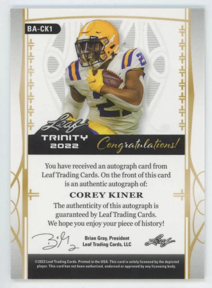 2022 Leaf Trinity Silver 70/99 Corey Kiner Auto  LSU Tigers #BA-CK1 - Image 2 of 2