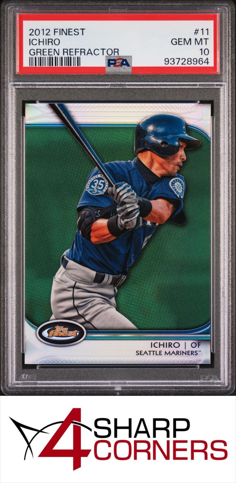 2012 FINEST GREEN REFRACTOR #11 ICHIRO SUZUKI MARINERS HOF #/199 PSA 10 view 1