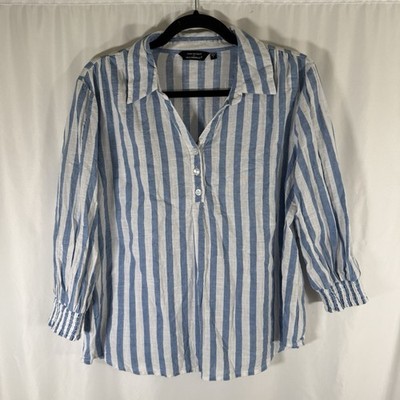Unique Spectrum Blouse Women's Large Blue White Striped Collared Lightweight