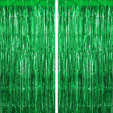 2 Pack Green Fringe Curtains Foil Shiny Fringe Backdrop Tinsel Door Streamers Fo