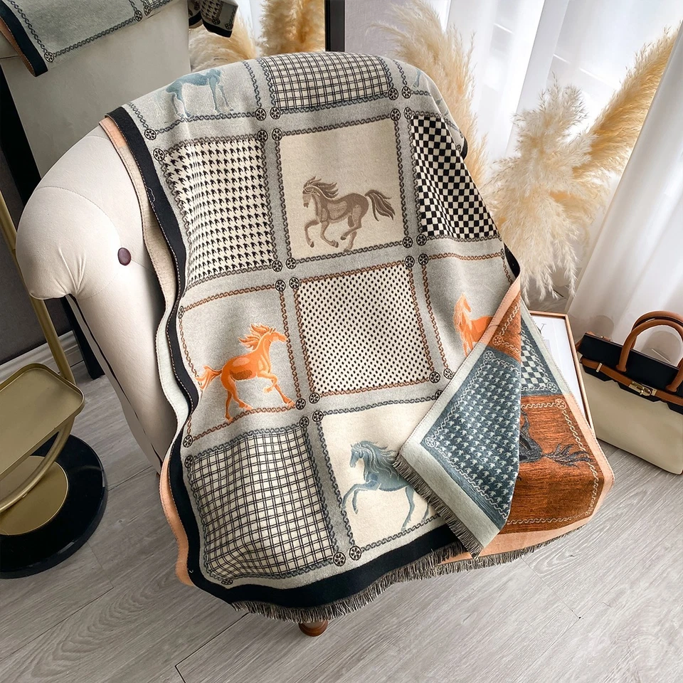 Негабаритный Конный Лошадь Лоскутный Шарф Шаль Обертка Бахрома Осень Зима - Изображение 3 из 4