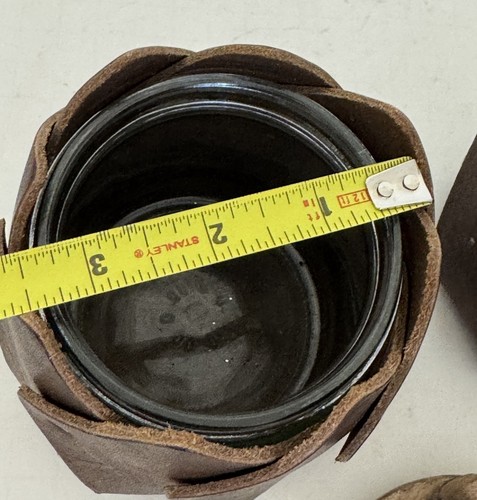Leather Wrapped Glass Jar Planter Set 2 Unique Pots 1 Ceramic Lid Brass Rivets - Imagen 9 de 20