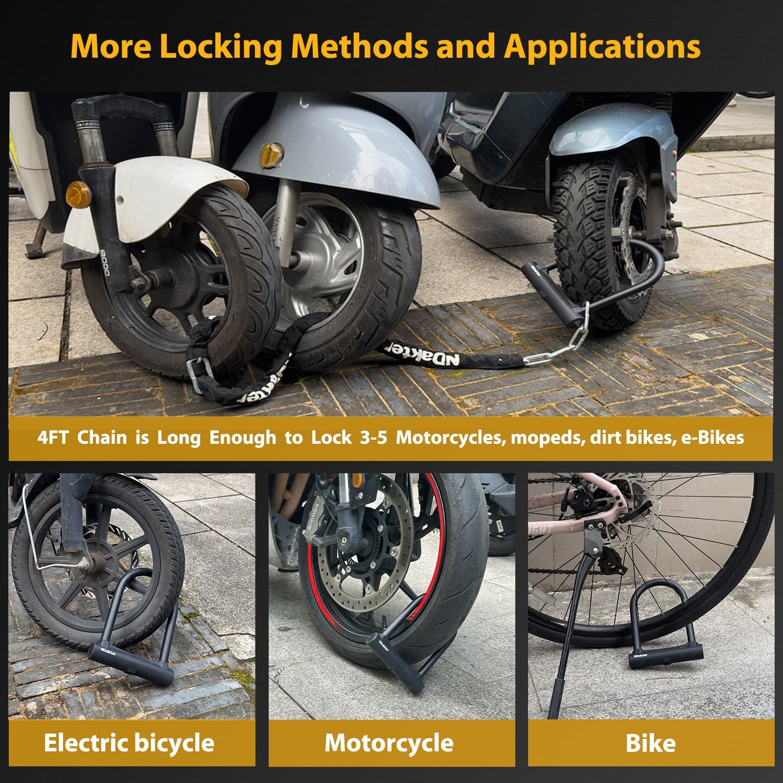 Motorcycle Locks Anti Theft, Heavy Duty Bike U Lock with 4FT Chain and Bracke...