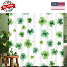 St Patricks Day Shower Curtain, Watercolor Shamrock Leaf Decor Waterproof Fab...