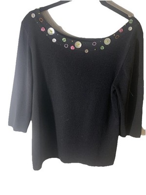 Linda Lucia women s black knit sweater button embellished neck line 3/4 Sleeves