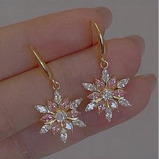 Womens Gold Hoop Earrings CZ Snow Crystal Dangle Drop Elegant Fashion Jewelry