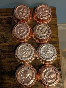 Vintage Set of 8 Copper Tone Mini Tart Molds Clover Flower Cherry Apple Acorn