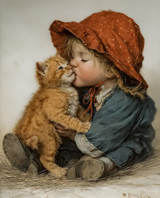 8x10 Little Girl Holding a Cat Art Print - 257391245