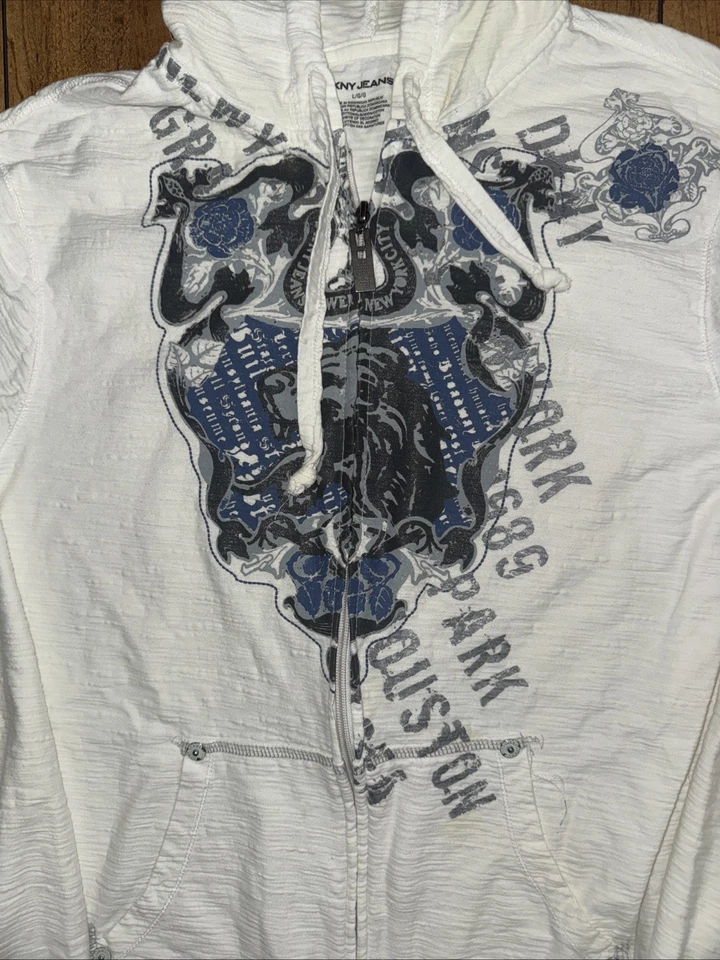 Sudadera con Capucha DKNY Jeans Cremallera Completa De Colección Blanca Para Hombre Grande Gótico Gráfico Y2K Foto 2 de 4