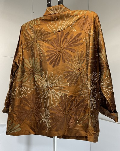 Chico's Design 100% Silk Jacket Top Sienna Copper Floral Embroidered Beaded 2 - Picture 2 of 6
