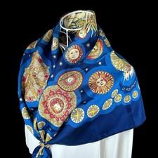VTG HERMES Carre 90 Silk Scarf "Le Roy Soleil" by Annie Faivre Dark Blue Used
