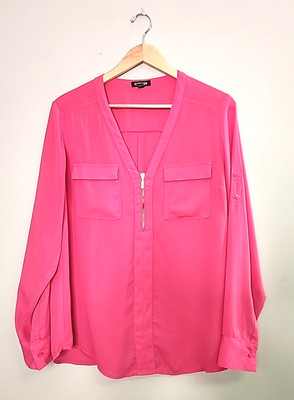 Y2K Express Pink Zip Up V Neck Long Sleeve Chiffon Blouse Top Business Casual