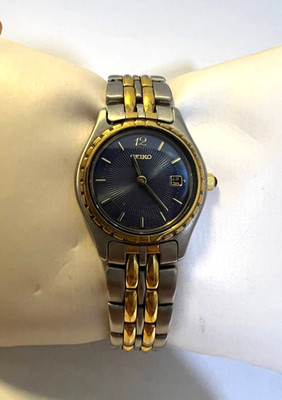 Seiko Watch Women s Two Tone Quartz Blue Sunburst Dial Gold Bezel Date