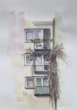 Boceto Urbano Acuarela Original A4 - Dibujo Balcones Invierno