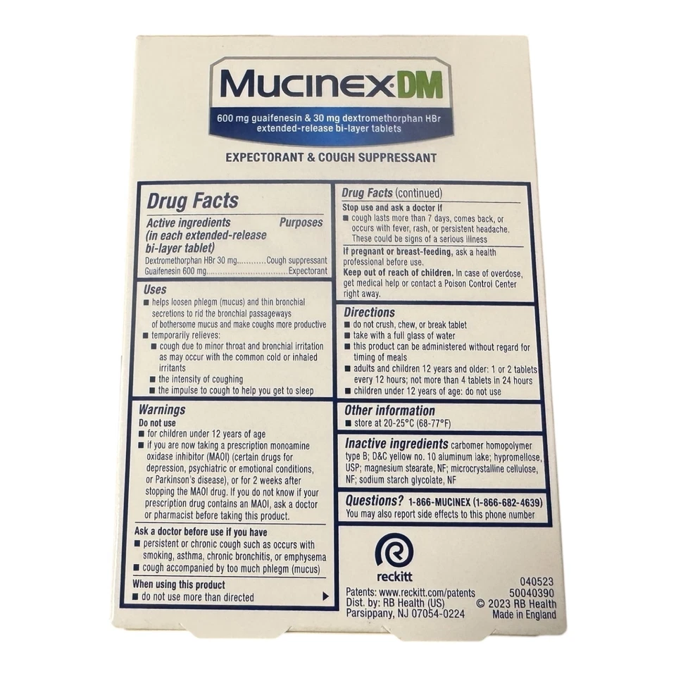 Mucinex DM 60 Tabletas Bicapa Expectorante y Supresor de la Tos Exp - 31/07/2027 Foto 3 de 4