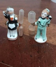 Vintage 1940s Japan Occupied EGG/SAND TIMER Bellhop Maid Porcelain Figurines C88