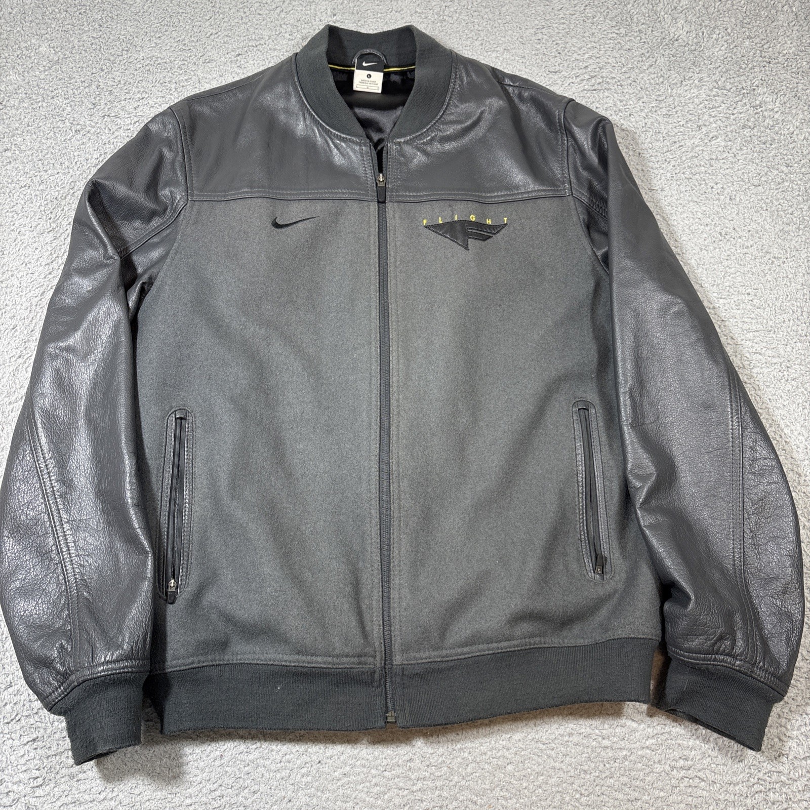 SACAI X NIKE NIKE Uomo Taglia L Destroyer OG Bomber Nero Grigio Pelle Lana Maniche Cappotto Giacca