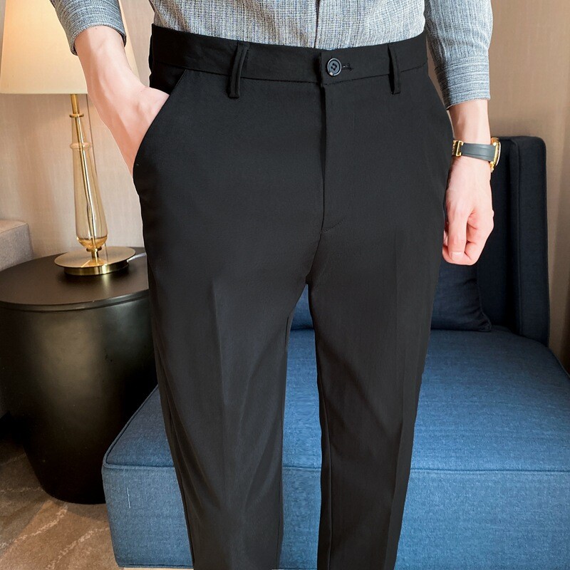 Summer Men's Solid Color Drape Straight Slim Fit Casual Cropped Suit Pants  | eBay