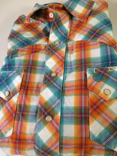 Wrangler Button Up Shirt Plaid Long Sleeve Pearl Buttons Orange Teal Shiny Small - Bild 7 von 7